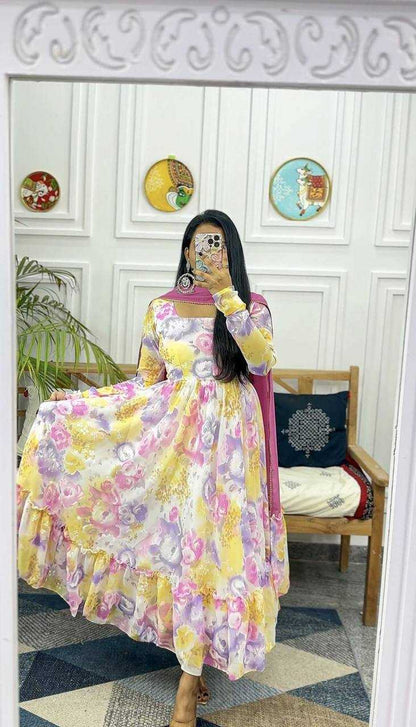 Georgette Kesh211 Ldy29 Gowns  Printed Fancy Anarkali Long Georgette Simple Gowns