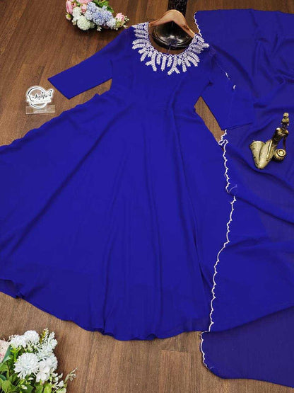 Georgette Kesh211 Ldy33 Gowns  Embroidery Anarkali Party Long Gowns With Dupatta Blue Gowns