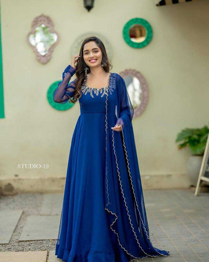 Georgette Kesh211 Ldy33 Gowns  Embroidery Anarkali Party Long Gowns With Dupatta Blue Gowns