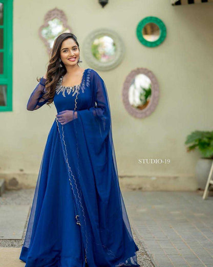 Georgette Kesh211 Ldy33 Gowns  Embroidery Anarkali Party Long Gowns With Dupatta Blue Gowns