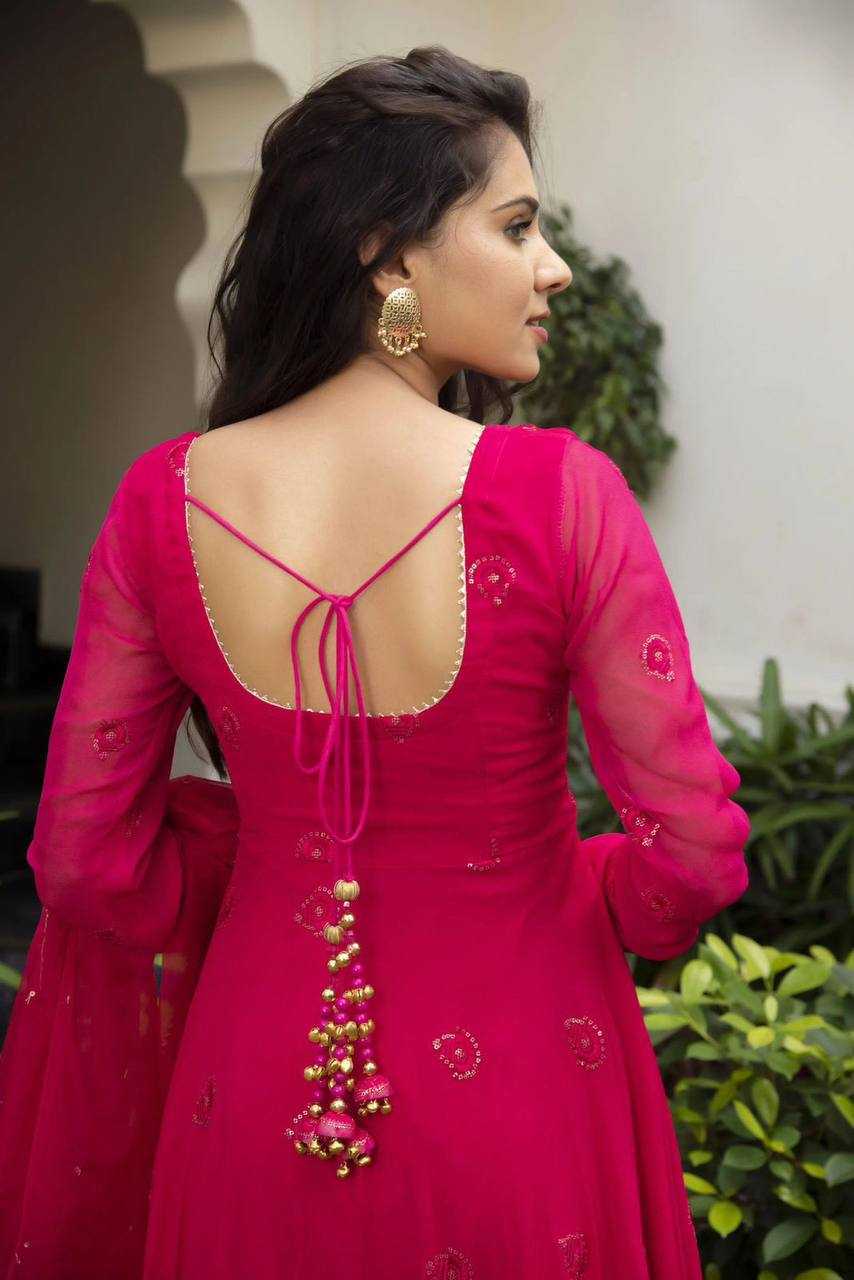 Georgette Kesh211 Ldy35 Gowns  Embroidery Anarkali Long Georgette Full Sleeve Pink Gowns