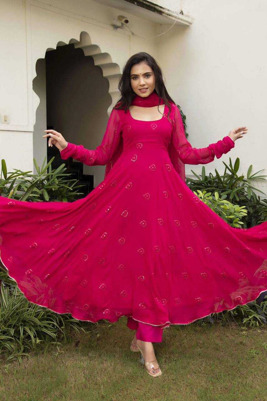 Georgette Kesh211 Ldy35 Gowns  Embroidery Anarkali Long Georgette Full Sleeve Pink Gowns