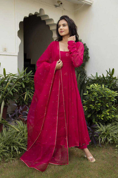 Georgette Kesh211 Ldy35 Gowns  Embroidery Anarkali Long Georgette Full Sleeve Pink Gowns