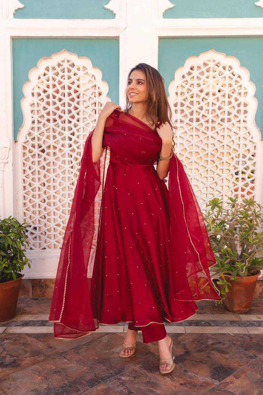 Georgette Kesh211 Ldy36 Gowns  Embroidery Anarkali Long Georgette Sleeveless Maroon Gowns