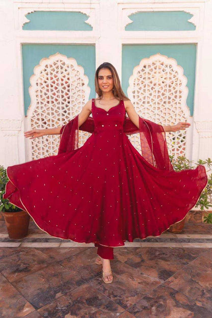 Georgette Kesh211 Ldy36 Gowns  Embroidery Anarkali Long Georgette Sleeveless Maroon Gowns