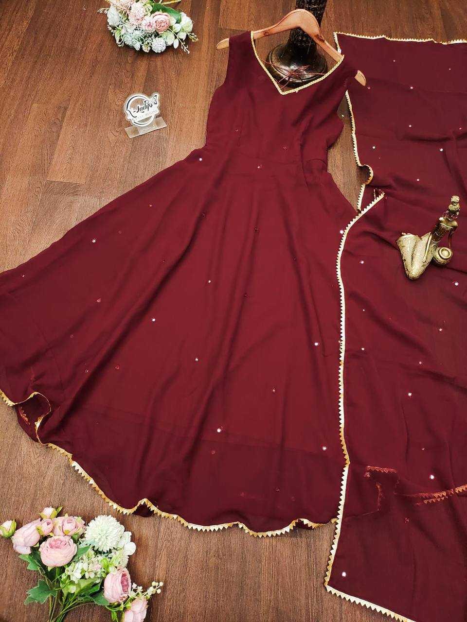 Georgette Kesh211 Ldy36 Gowns  Embroidery Anarkali Long Georgette Sleeveless Maroon Gowns