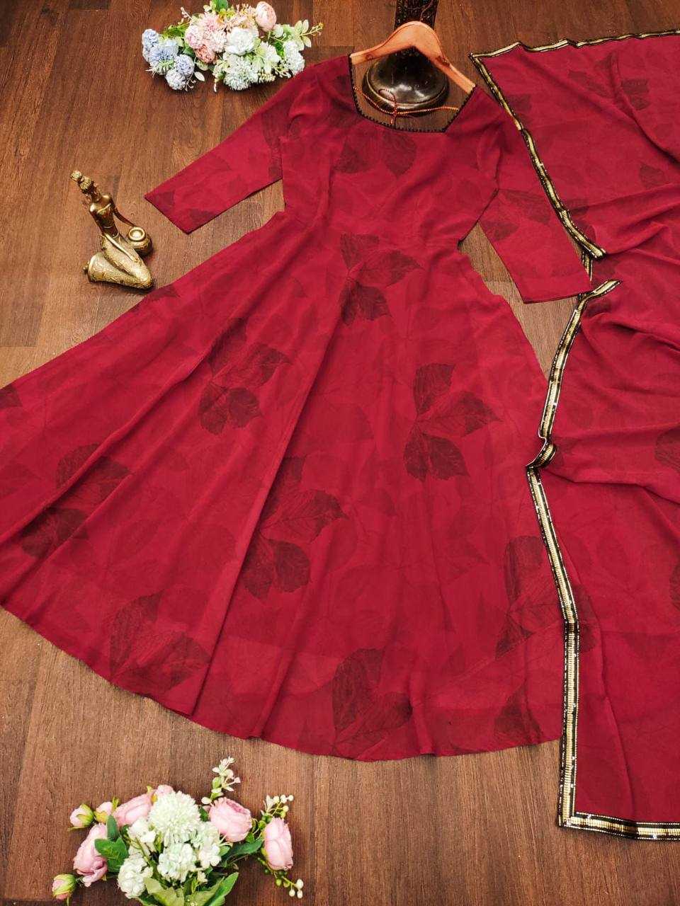 Georgette Kesh211 Ldy47 Gowns  Printed Anarkali Long Georgette Simple Maroon Gowns