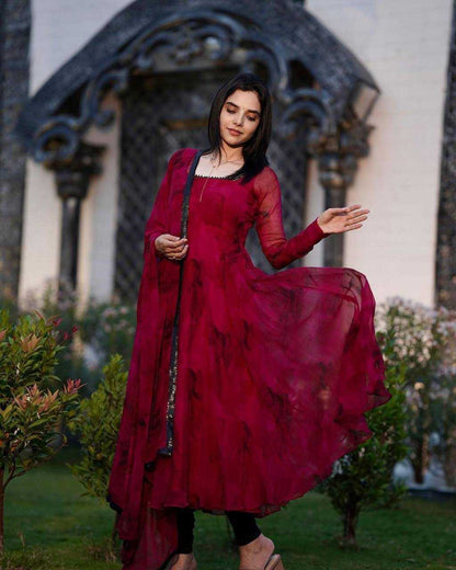 Georgette Kesh211 Ldy47 Gowns  Printed Anarkali Long Georgette Simple Maroon Gowns