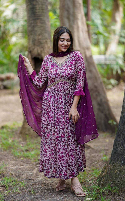 Georgette Kesh211 Ldy52 Gowns  Printed Anarkali Long Georgette Gown With Dupatta Purple Gowns