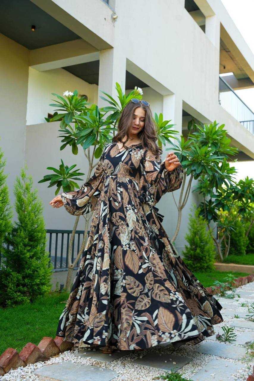 Georgette Kesh211 Ldy54 Gowns  Printed Fancy Party Long Georgette Full Sleeve Black Gowns