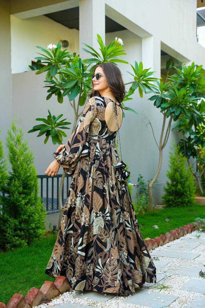 Georgette Kesh211 Ldy54 Gowns  Printed Fancy Party Long Georgette Full Sleeve Black Gowns