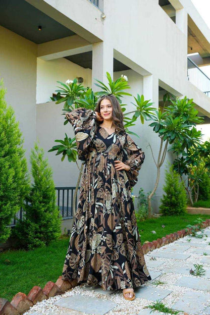 Georgette Kesh211 Ldy54 Gowns  Printed Fancy Party Long Georgette Full Sleeve Black Gowns