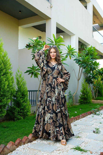 Georgette Kesh211 Ldy54 Gowns  Printed Fancy Party Long Georgette Full Sleeve Black Gowns