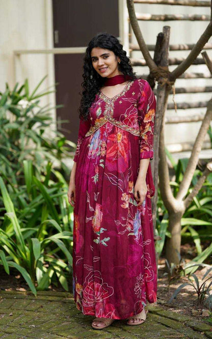 Georgette Kesh211 Ldy56 Gowns  Printed Embroidery Anarkali Long Georgette Maroon Gowns