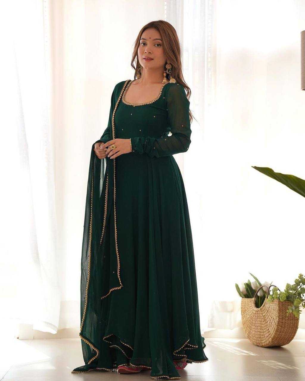 Georgette Kesh211 Ldy61 Gowns  Anarkali Long Georgette Gown With Dupatta Full Sleeve Green Gowns