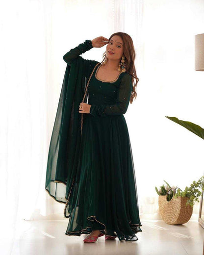 Georgette Kesh211 Ldy61 Gowns  Anarkali Long Georgette Gown With Dupatta Full Sleeve Green Gowns