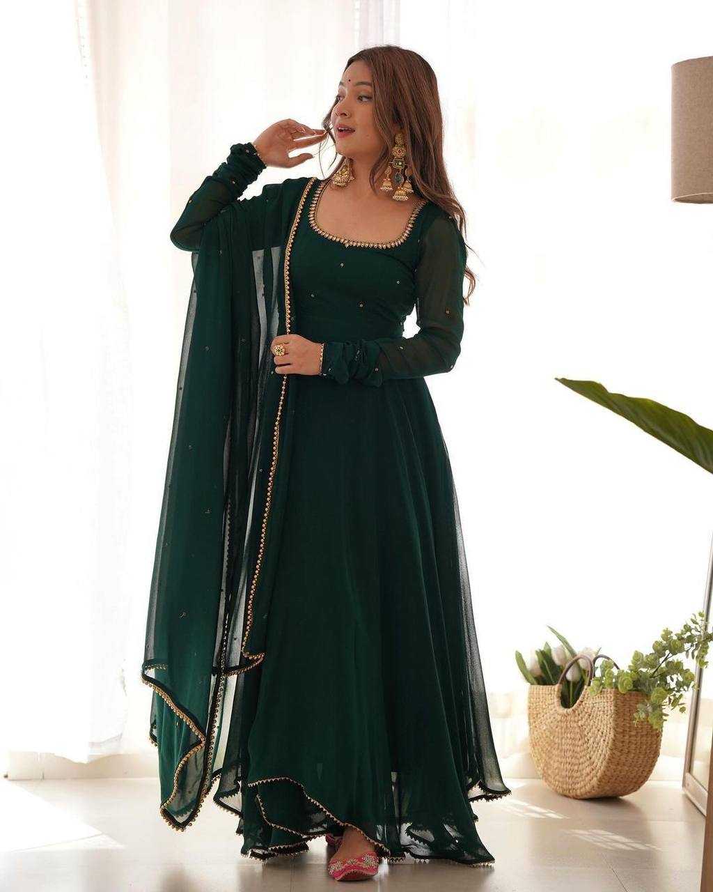 Georgette Kesh211 Ldy61 Gowns  Anarkali Long Georgette Gown With Dupatta Full Sleeve Green Gowns