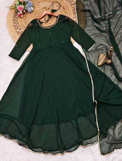 Georgette Kesh211 Ldy61 Gowns  Anarkali Long Georgette Gown With Dupatta Full Sleeve Green Gowns