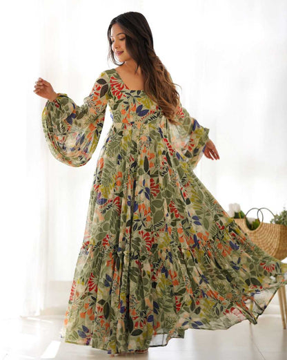 Georgette Kesh230 267 Gowns  Printed Anarkali Long Fancy Georgette Full Sleeve Green Gowns