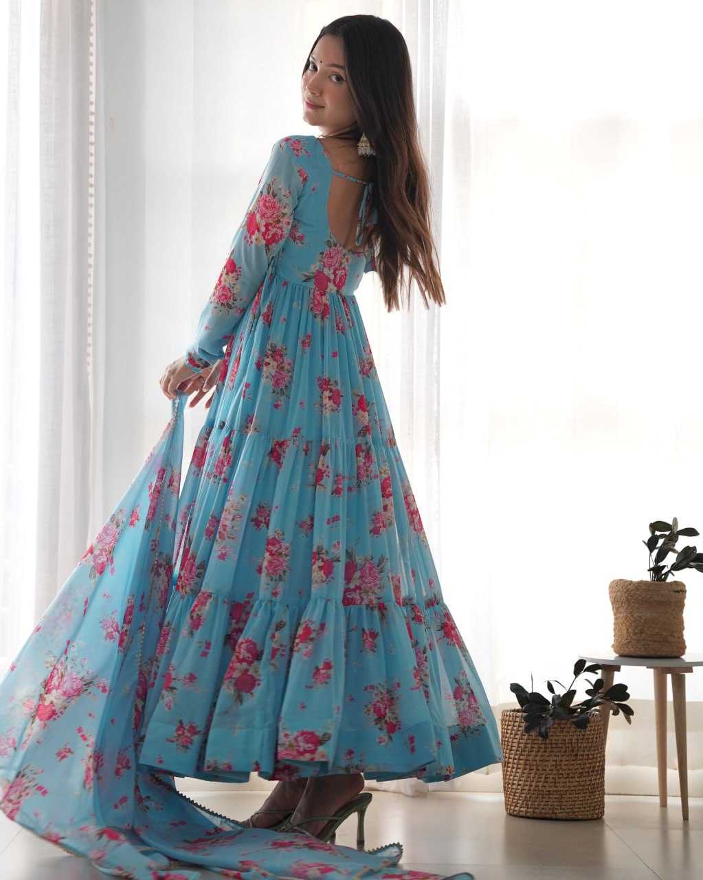 Georgette Kesh230 268 Gowns  Printed Anarkali Long Georgette Gowns With Dupatta Full Sleeve Gowns