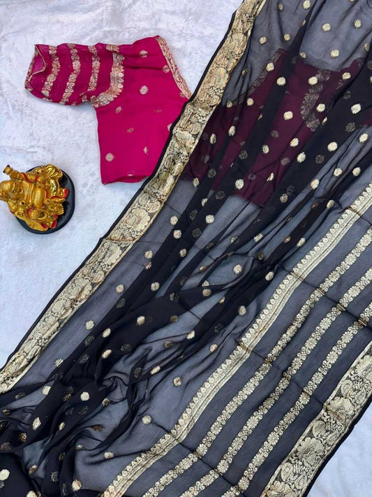 Georgette Rin104  Ape69 Sarees  Georgette Viscose Black Zari Sarees