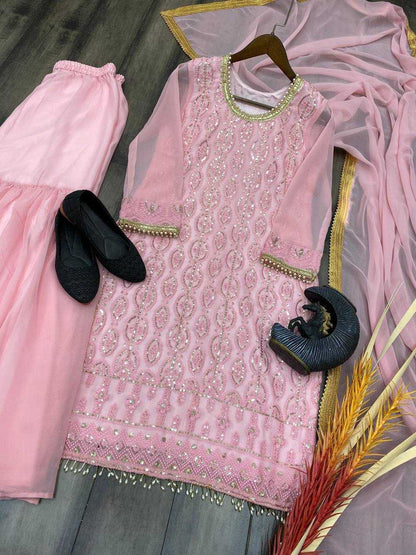 Georgette Rin110 220 Suits & Dresses  Embroidery Georgette Sharara Salwar Wedding Suits