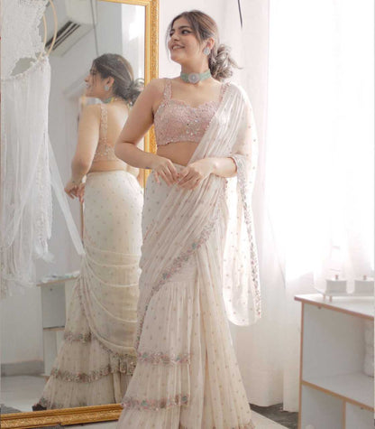 Georgette Rin134 0171 Sarees  Party Wear Georgette Embroidered White Mirror Sarees