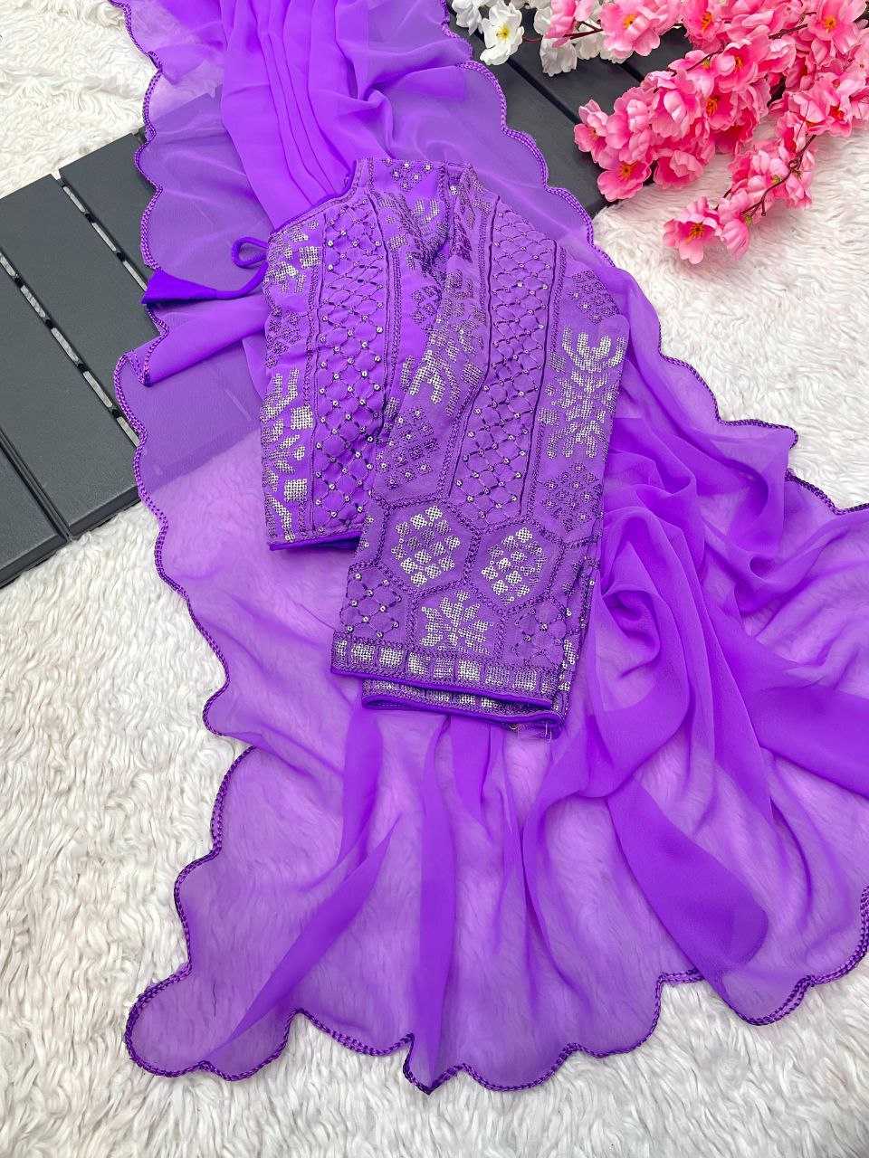 Georgette Rin143 438 Sarees  Georgette Cutwork Purple Sarees