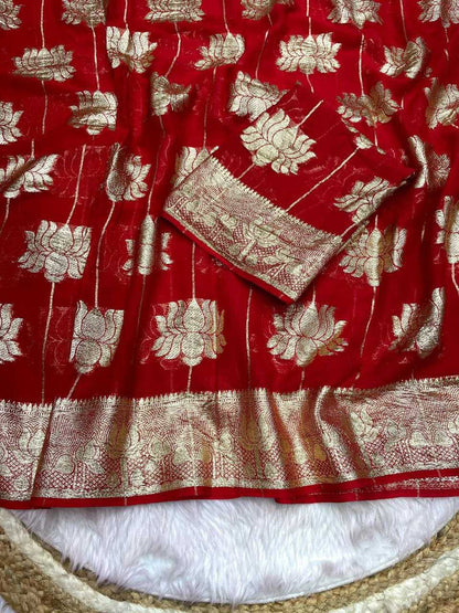 Georgette Rin143 463 Sarees  Georgette Viscose Red Zari Sarees