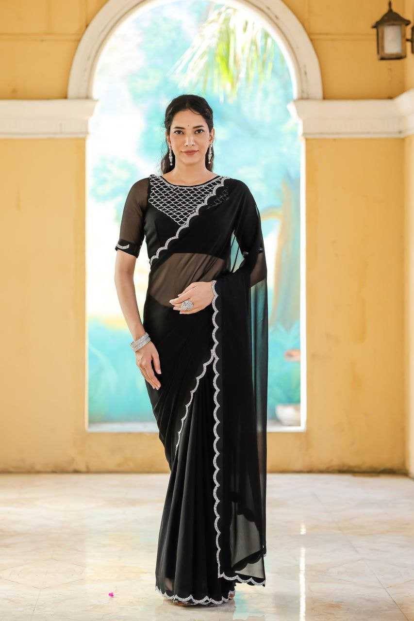 Georgette Rin201 Rrd07 Sarees  Party Wear Georgette Plain Solid Cutwork Black Sarees