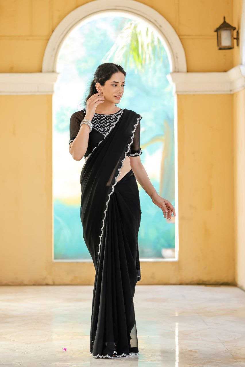 Georgette Rin201 Rrd07 Sarees  Party Wear Georgette Plain Solid Cutwork Black Sarees