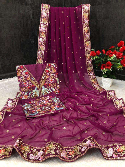 Georgette Rin134 090 Sarees  Georgette Work Embroidered Diwali Cotton Sarees