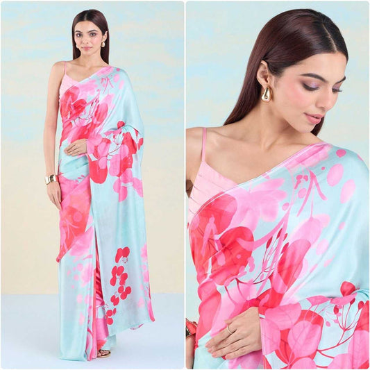 Japan Sartin Gro 2137 Sarees  Fancy Printed Crape Satin Sarees E