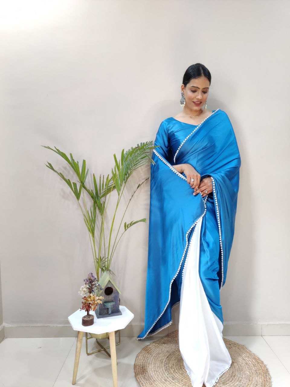 Japan Sartin Kesh208 063 Sarees  Crape Satin Half And Half Plain Solid Sartin Sarees