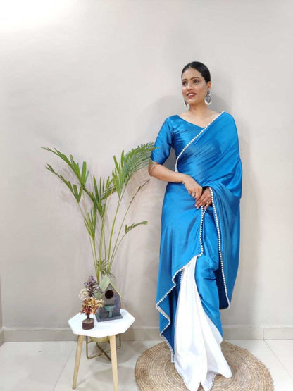 Japan Sartin Kesh208 063 Sarees  Crape Satin Half And Half Plain Solid Sartin Sarees