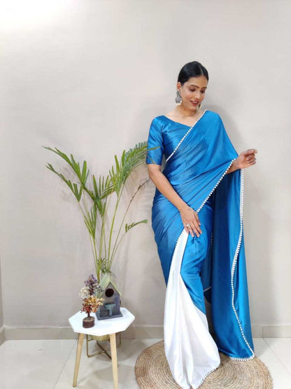 Japan Sartin Kesh208 063 Sarees  Crape Satin Half And Half Plain Solid Sartin Sarees