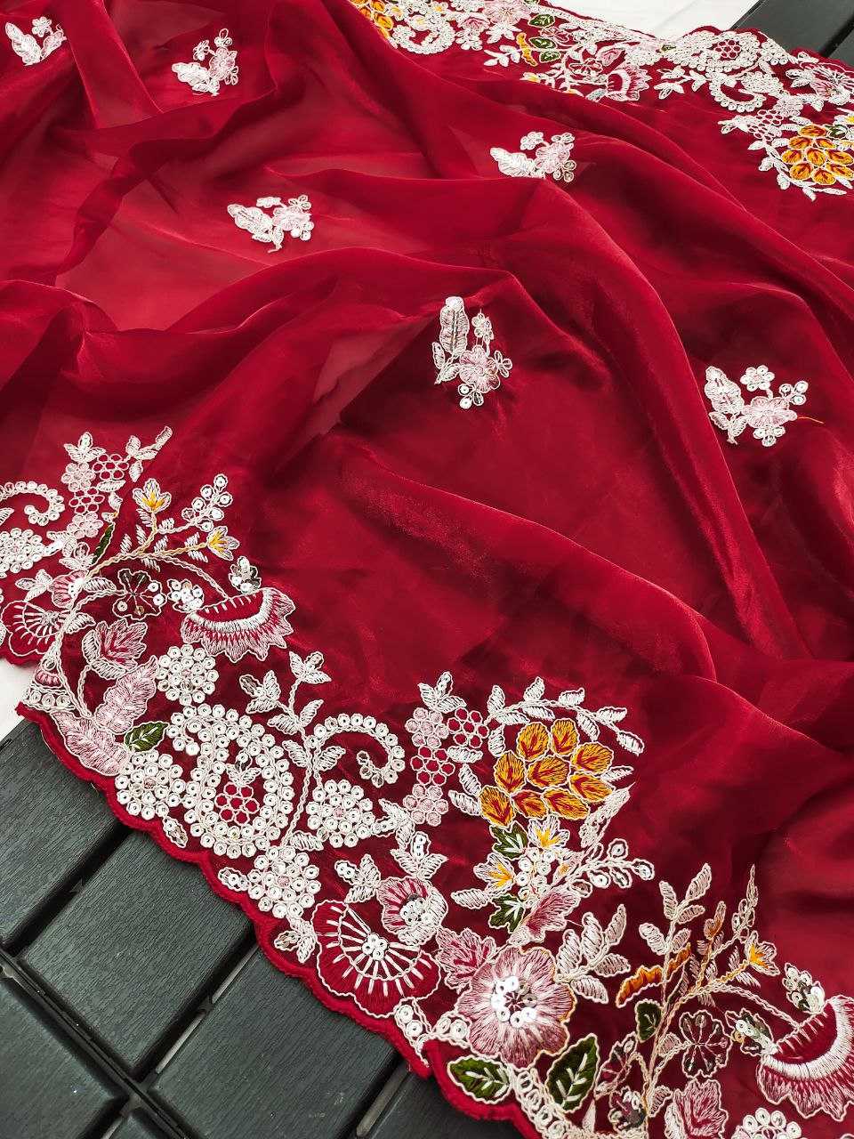 Jimmy Choo Kesh188 9164 Sarees   Jimmy Choo Party Wear Fancy Sequence Embroidered Cutwork Red Silk Sarees