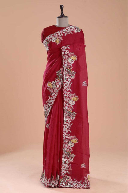 Jimmy Choo Kesh188 9164 Sarees   Jimmy Choo Party Wear Fancy Sequence Embroidered Cutwork Red Silk Sarees