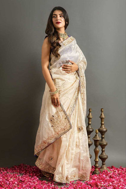 Jimmy Choo Kesh188 9210 Sarees  Jimmy Choo Sequence Embroidered White Silk Sarees