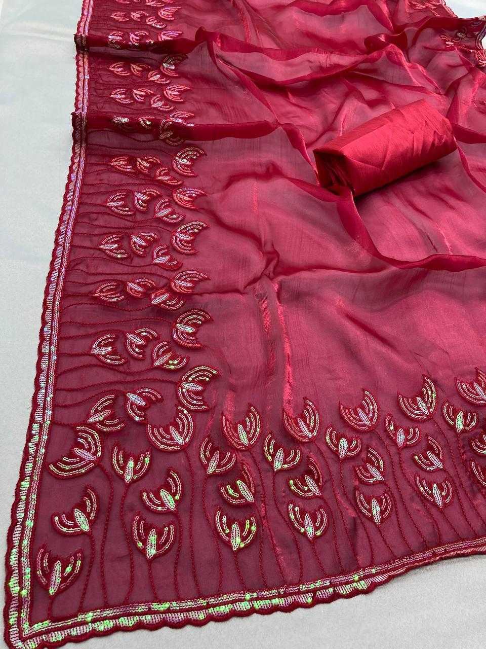 Jimmy Choo Rin188 Canberry4 Sarees  Jimmy Choo Embroidered Cutwork Sequins Work Sarees