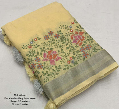 Linen Kesh118 133 Sarees  Ladies Embroidered Zari Border Sarees