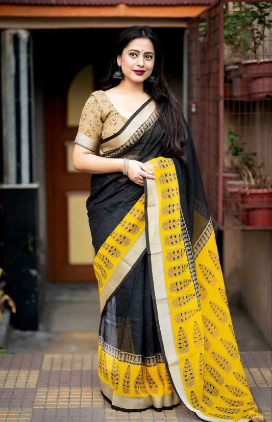 Linen Kesh118 134 Sarees  Ladies Printed Cotton Linen Zari Border Sarees