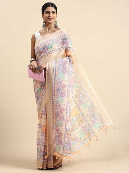 Linen Kesh165 Rbn05 Sarees  Printed Ladies Indian Zari Border Sarees