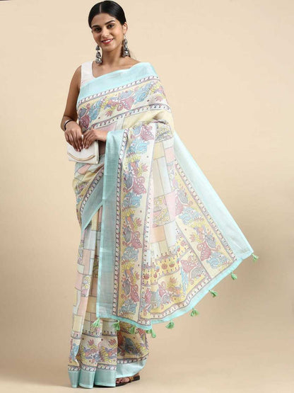 Linen Kesh165 Rbn05 Sarees  Printed Ladies Indian Zari Border Sarees