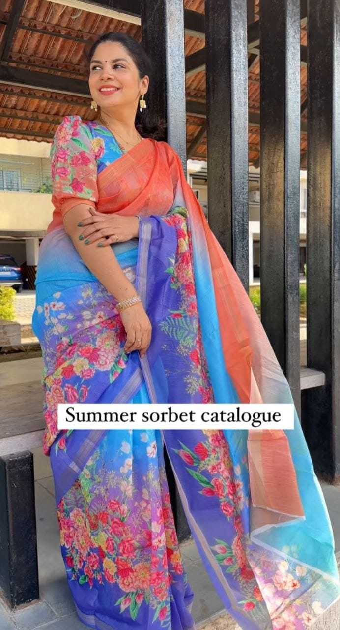 Linen Kesh223 431 Sarees  Printed Ladies Half And Half Zari Border Linen Sarees