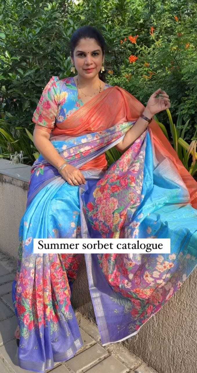 Linen Kesh223 431 Sarees  Printed Ladies Half And Half Zari Border Linen Sarees