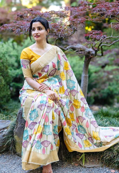 Linen Kesh223 476 Sarees  Printed Ladies Zari Border Saree