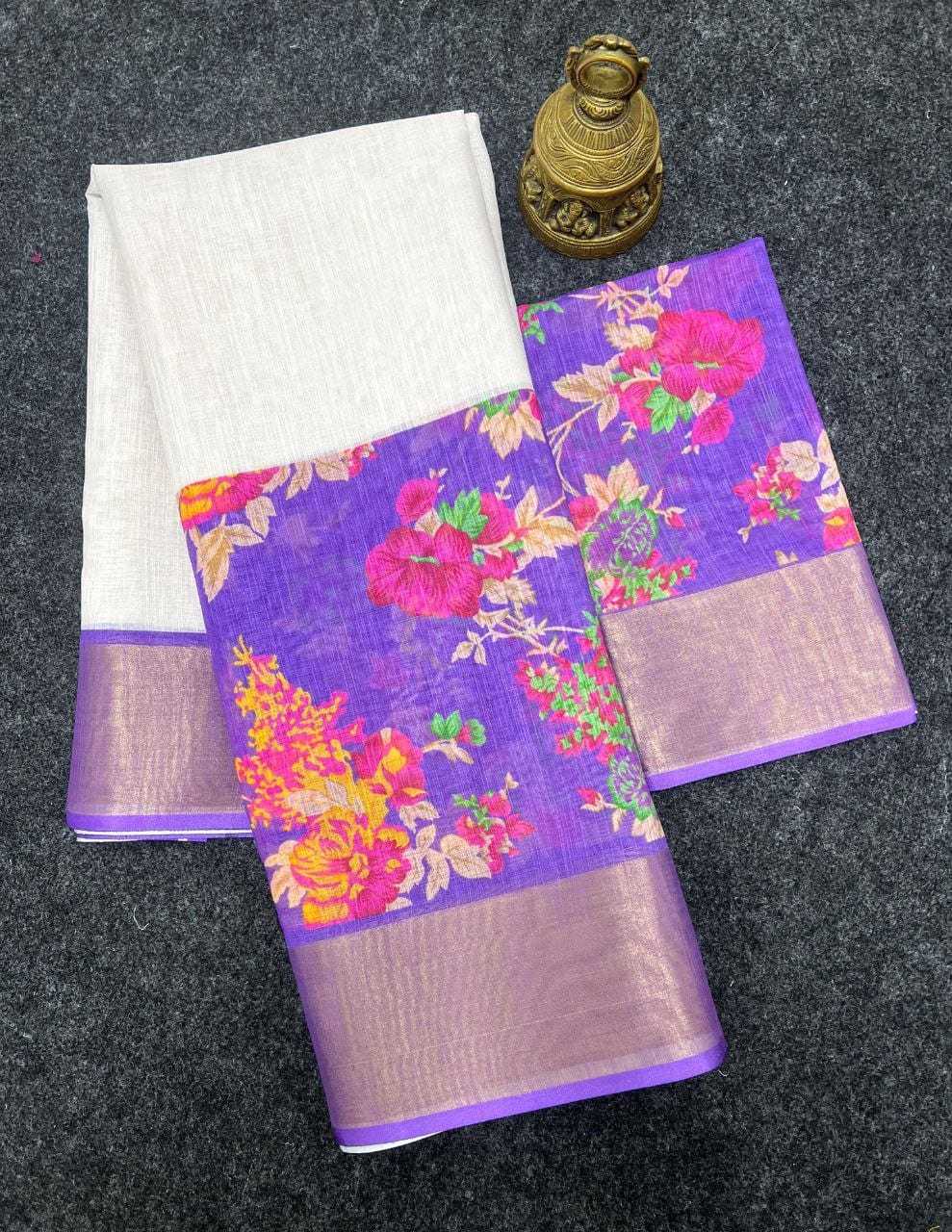 Linen Kesh223 477 Sarees  Printed Zari Border Linen Sarees