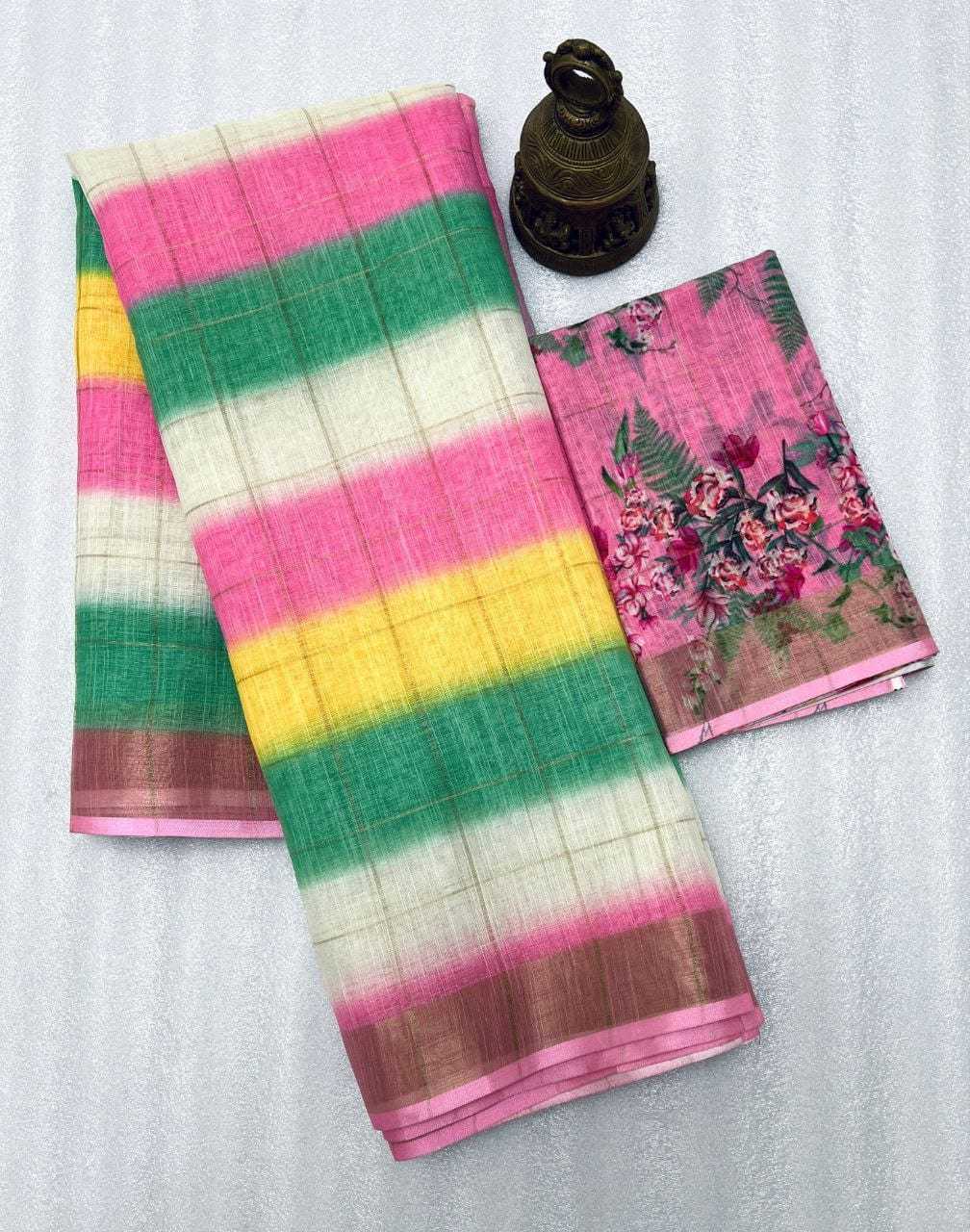 Linen Kesh223 481 Sarees  Printed Zari Border Linen Sarees