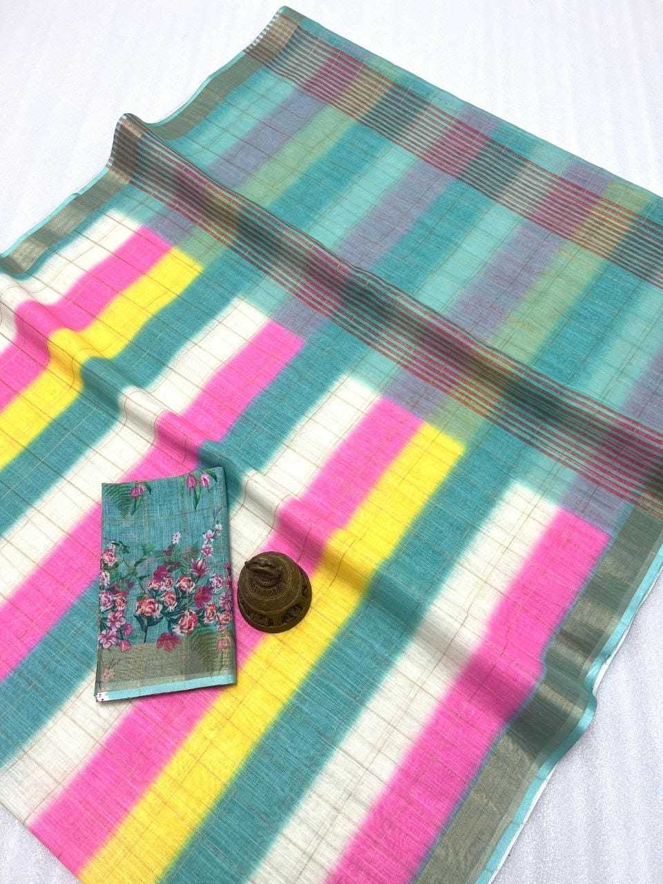 Linen Kesh223 481 Sarees  Printed Zari Border Linen Sarees